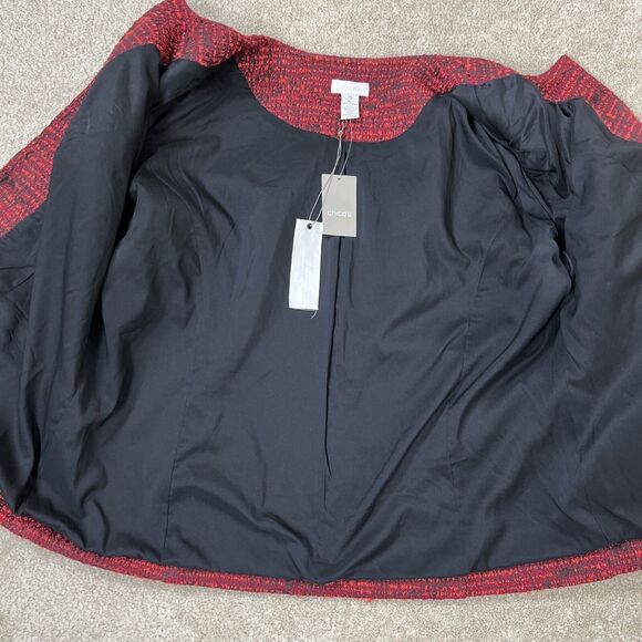 NWT Chico’s Women Open Front Jacket Embellished Tweed Blazer Red‎ Black Size 2 - Picture 8 of 13